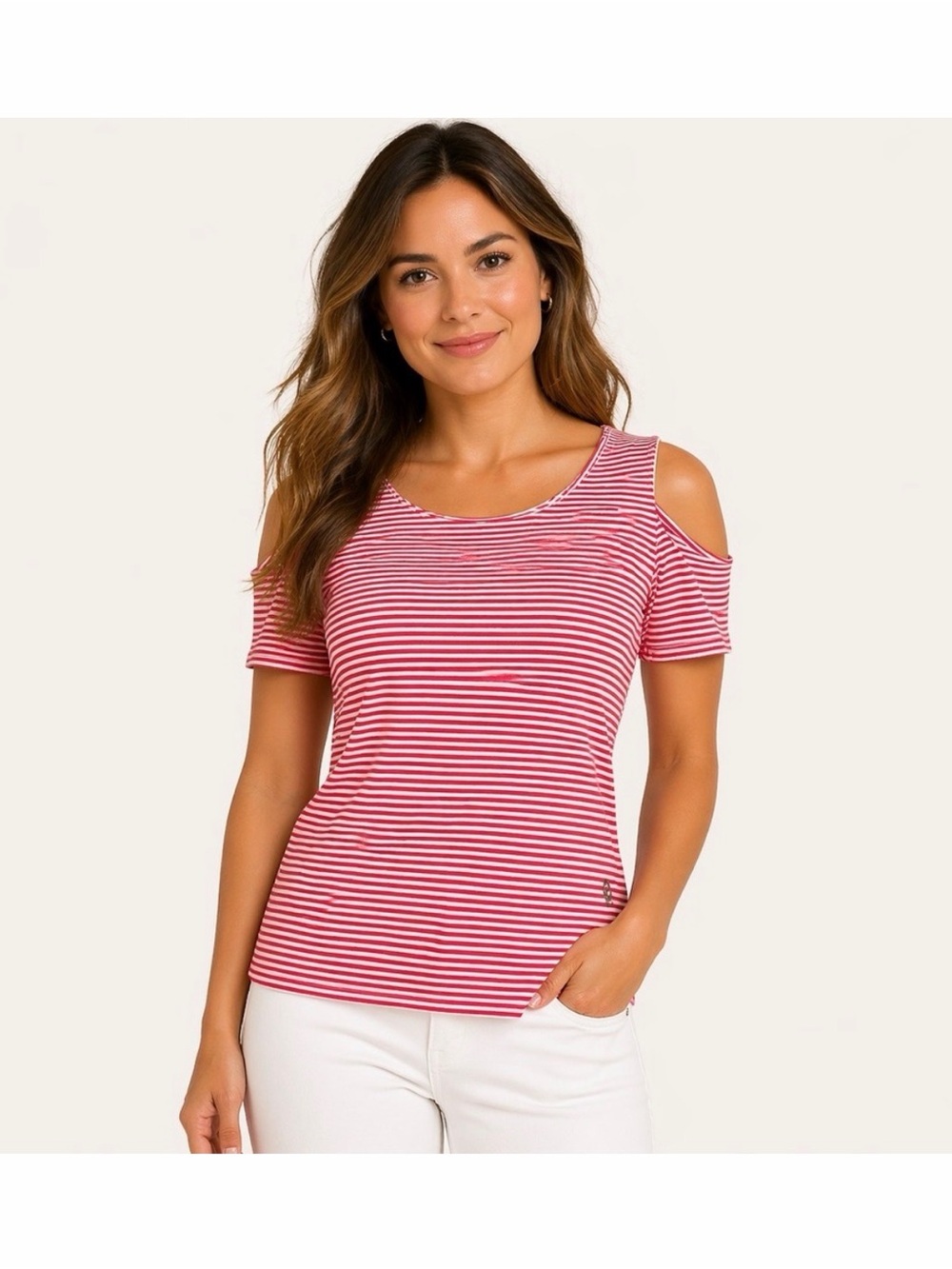 Michael Michael Kors Women's S Top Striped Red White Cold Shoulder Sleeve Logo